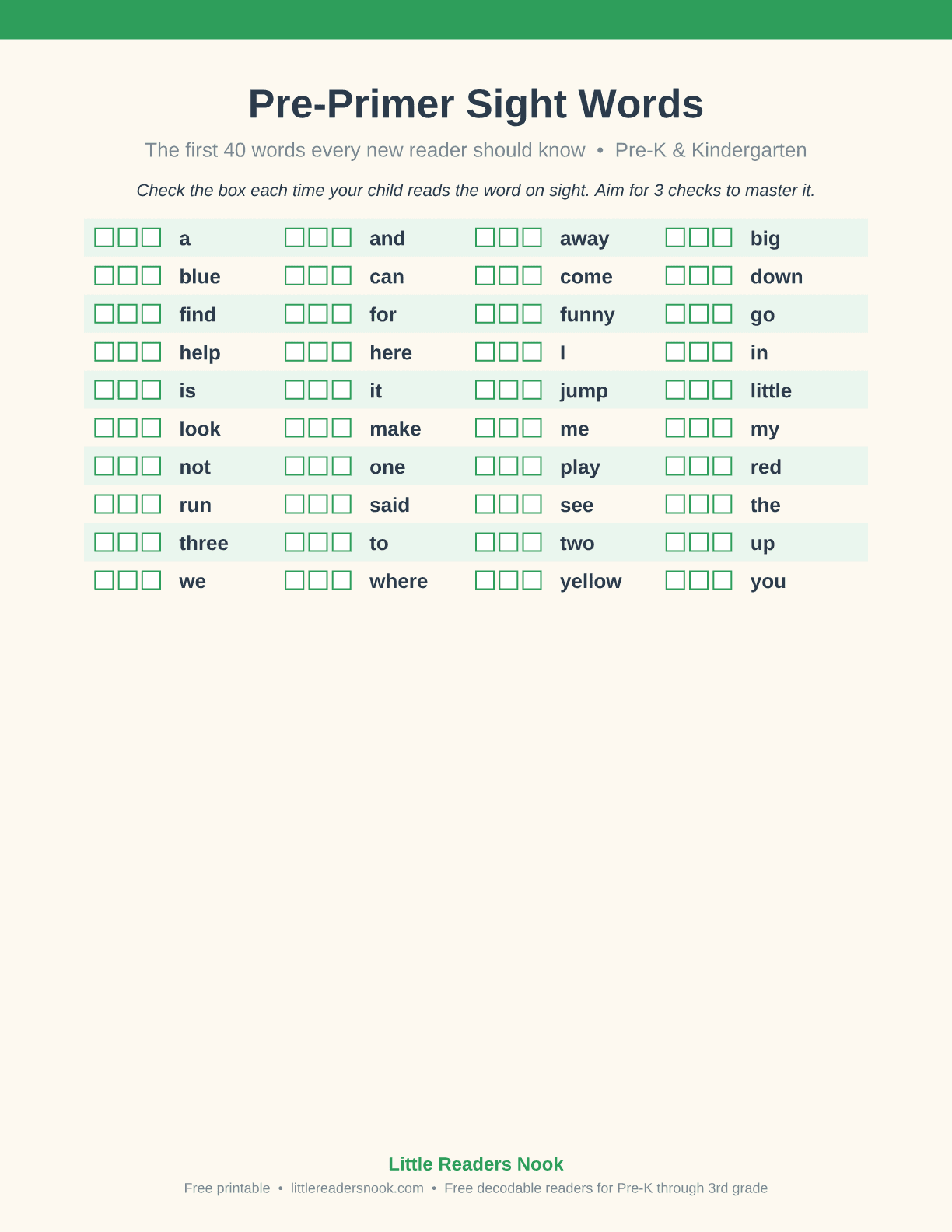 Preview of the Sight Word Checklist printable