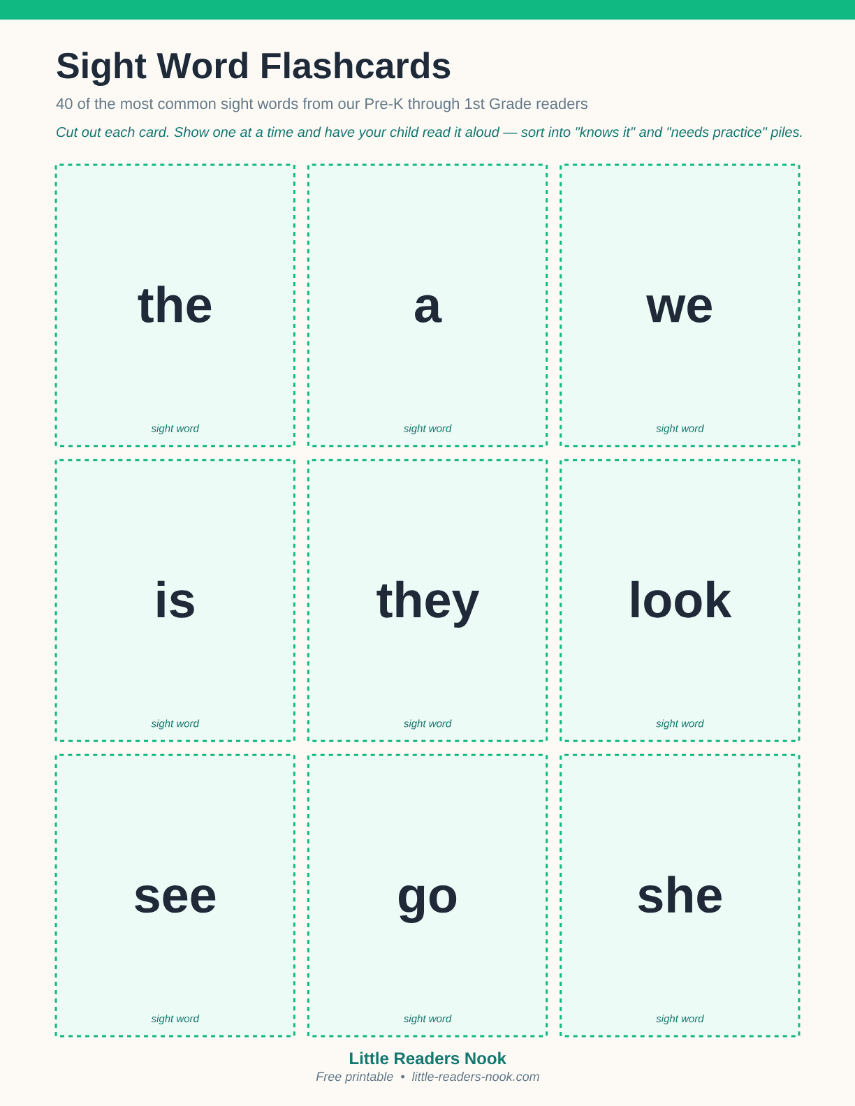 Preview of the Sight Word Flashcards printable